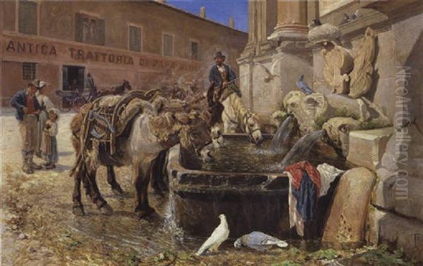 Ved En Fontana Udenfor Rom Paa Via Flaminia Oil Painting by Theodor Philipsen