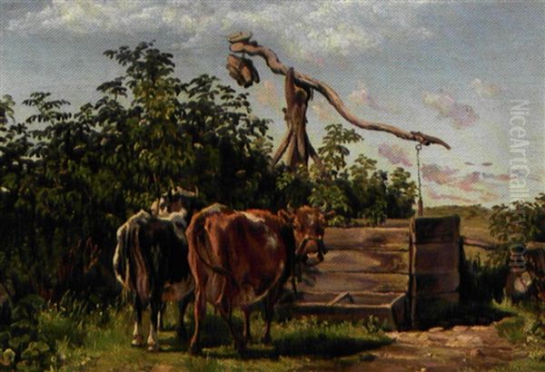 Et Par Koer Ved En Vippebrond Oil Painting by Theodor Philipsen