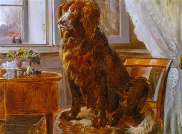 Interior Med Kunstnerens Hund Siddende Pa En Stol Ved Et Vindue Oil Painting by Theodor Philipsen