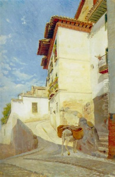 Gadeparti Fra Granada, Med Pakaesel Og Hvide Huse I Sol Oil Painting by Theodor Philipsen