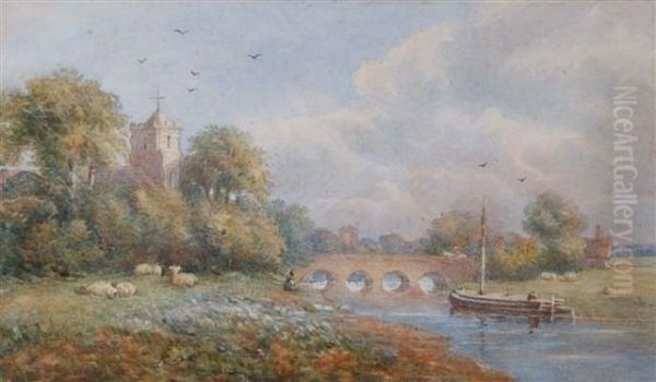 River Landscape With Figure Fishing By A Bridge Overlooked By Church Spire And Sheep Grazing On The Banks Oil Painting by Samuel Standige Boden