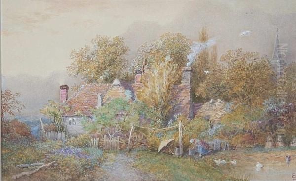 A Country Cottage With Peasant, Washing Lineand Pond To The Fore, Signed With A Monogram, Watercolour,inscribed In Pencil Verso By William Russell Flint Oil Painting by Samuel Standige Boden