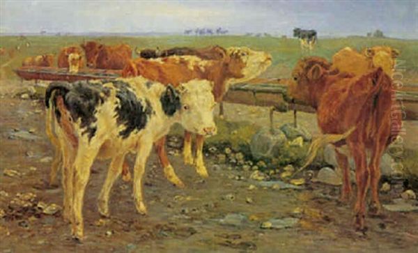 Kalve Ved Gammelgards Brond Oil Painting by Theodor Philipsen