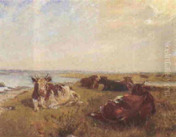 Liggende Drovtyggende Koer Pa Saltholm Oil Painting by Theodor Philipsen