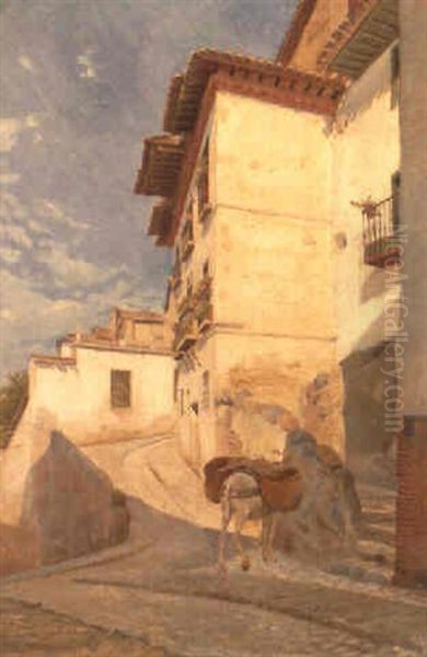 Gade I Granada. Med Pak+sel. Hvide Huse I Sol Oil Painting by Theodor Philipsen