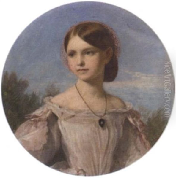 Portrait Of Miss Florence Penison In White Dress With Pink Ribbon Sleeves And Diamond Pendant Oil Painting by John Phillip