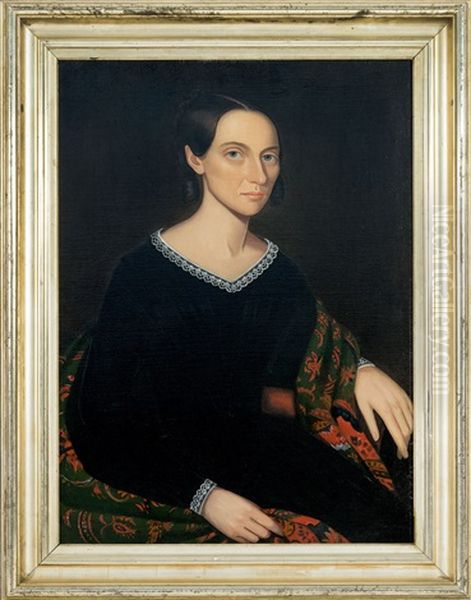 Portrait Of Jane Kinney Wearing A Black Dress With Lace Trim At The Collar And Cuffs Oil Painting by Ammi Phillips