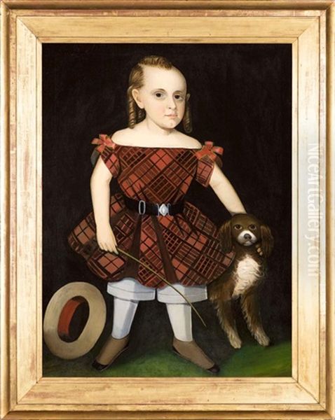 Portrait Of A Child In A Plaid Dress With A Dog Oil Painting by Ammi Phillips