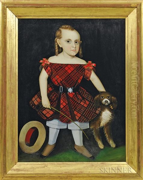 Portrait Of Child In Plaid Dress With A Dog Oil Painting by Ammi Phillips