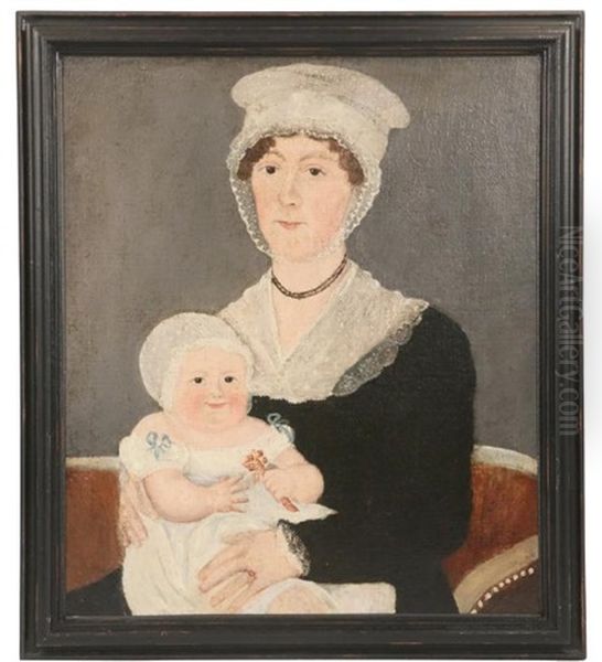 Portrait Of A Young Mother & Infant Holding Rattle Oil Painting by Ammi Phillips