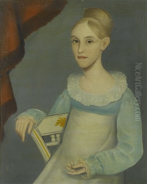 Portrait Of A Young Lady In Blue And White Dress And Sitting On A White-painted Fancy Chair, Said To Be Mary Ann Gale Oil Painting by Ammi Phillips