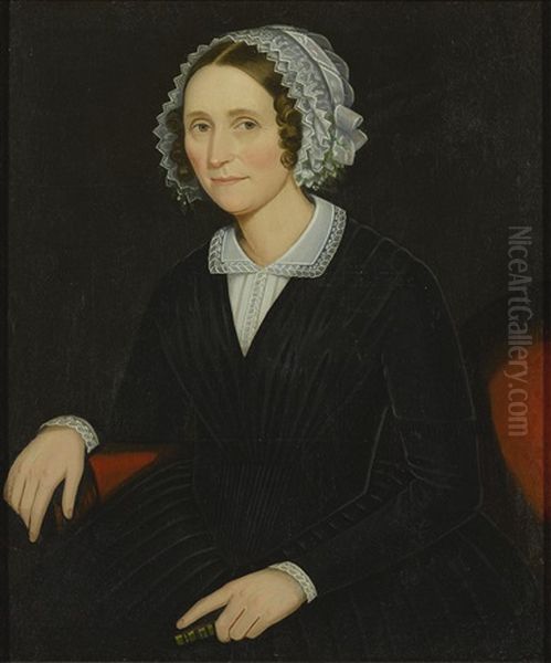 Woman Seated On A Red Sofa, Wearing A Black Dress With White Lace Collar And Holding A Book Oil Painting by Ammi Phillips