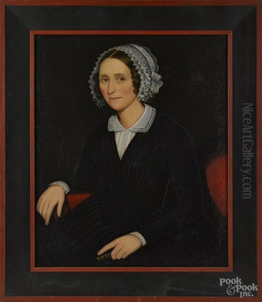 Portrait Of A Woman With A White Lace Bonnet And A Black Dress Oil Painting by Ammi Phillips