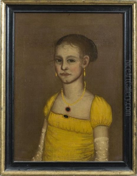 Jerusha Rogers Washburn In A Yellow Gown And Long Lace Sprigged Gloves Oil Painting by Ammi Phillips