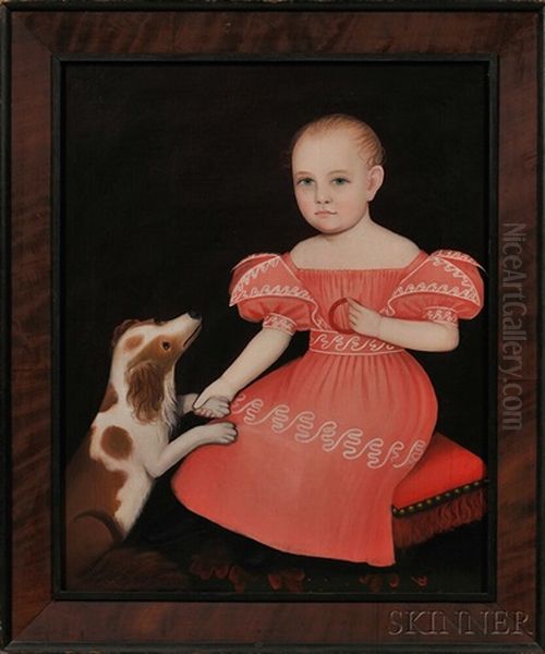 Portrait Of A Child In A Pink Dress Seated On A Red Cushion, With A Spaniel Oil Painting by Ammi Phillips