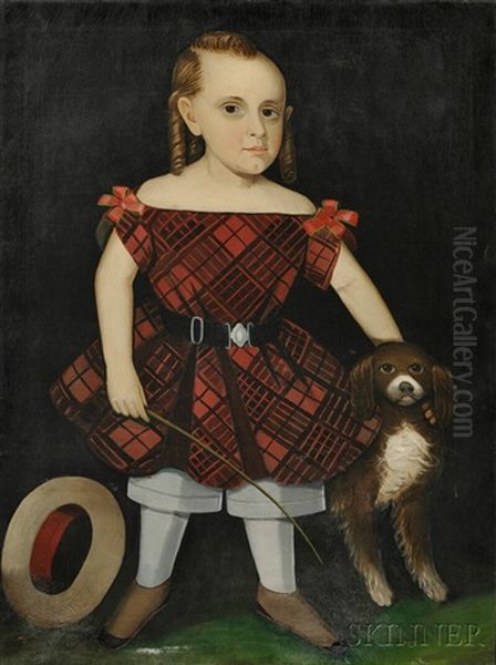 Portrait Of A Boy In A Red Plaid Dress With His Dog And A Riding Crop Oil Painting by Ammi Phillips