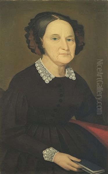 Half-length Portrait Of A Woman Wearing A Black Dress With A Lace Collar And Seated On A Red Sofa With A Book In Her Right Hand Oil Painting by Ammi Phillips