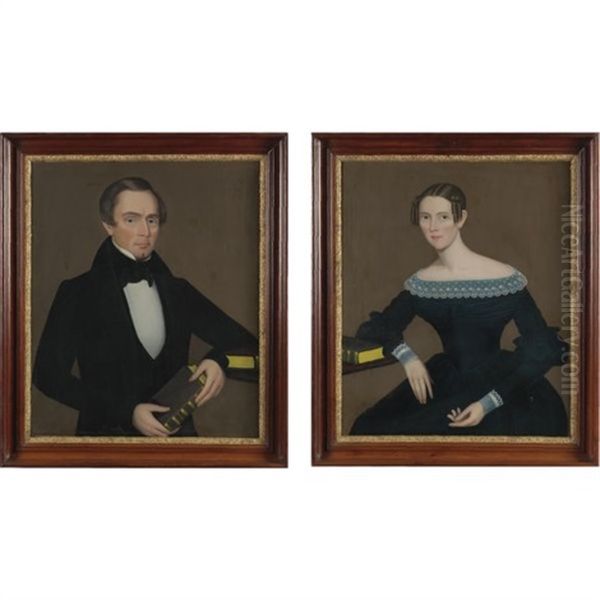 Gentleman In Black Coat At The Table With Two Books (+ A Lady In Eyelet Collar And Cuffs; Pair) Oil Painting by Ammi Phillips