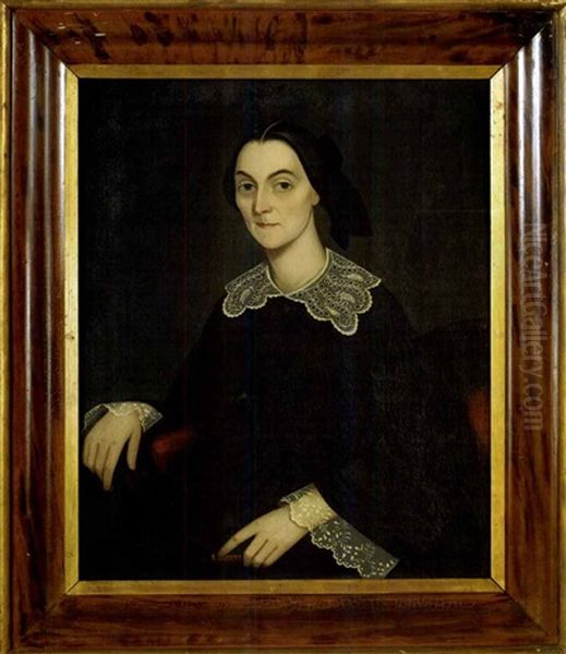 Portrait Of Young Woman With Lacy Collar And Cuffs, Seated In Red Scroll Arm Chair Holding A Book Oil Painting by Ammi Phillips