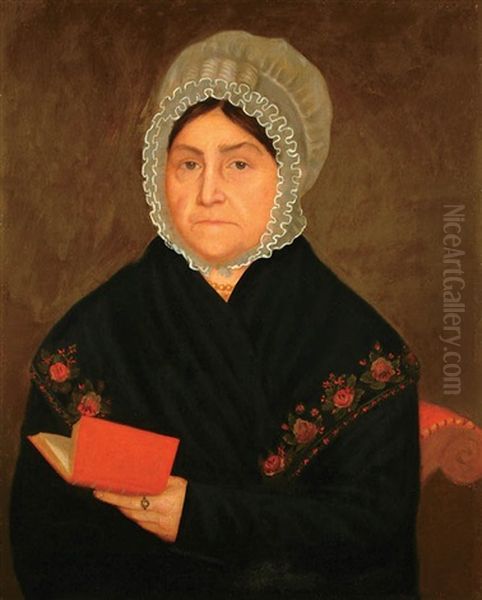 A Woman Holding A Red Book And Wearing A Floral Shawl, (mrs. Engelta Vroman?) Oil Painting by Ammi Phillips