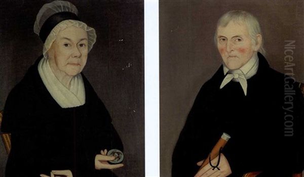 Portrait Of A Lady With An Eagle Snuff Box (+ Portrait Of A Gentleman With A Walking Stick; Pair) Oil Painting by Ammi Phillips