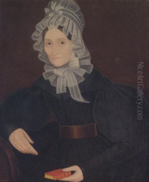 A Portrait Of A Lady Wearing An Elaborate Lace Bonnet And Matching Collar, And Holding A Red Bible by Ammi Phillips