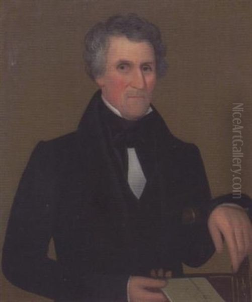 A Portrait Of A Grey-haired Gentleman Posed In A Federal Side Chair, Holding A Pamphlet Entitled Agriculture Oil Painting by Ammi Phillips