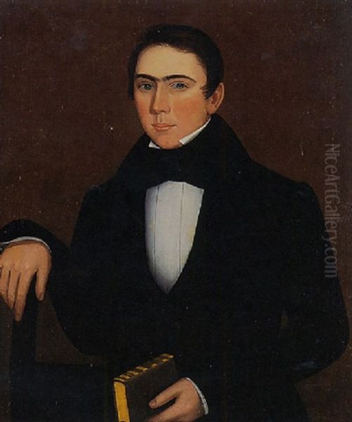 Portrait Of A Seated Young Man Wearing A White Shirt With Wide Black Tie And Black Jacket, Holding A Book Oil Painting by Ammi Phillips