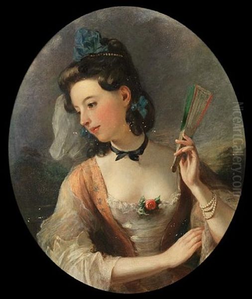 Portrait Of A Lady With A White Dress And A Pink Waistcoat, Holding A Fan Oil Painting by Thomas Phillips