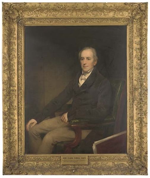 Portrait Of John Clark Powell Esq., Seated Three-quarter-length, In A Brown Coat, With A Folio Inscribed London Assur Corporation Leaning Against His Chair by Thomas Phillips