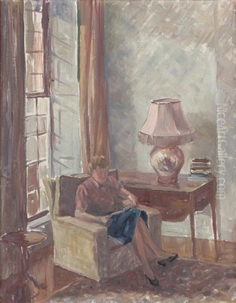 Interior With Lady Reading In An Armchair Oil Painting by Glyn Warren Philpot