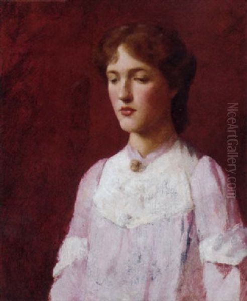 Portrait Of A Lady In A Pink And White Dress Oil Painting by Glyn Warren Philpot