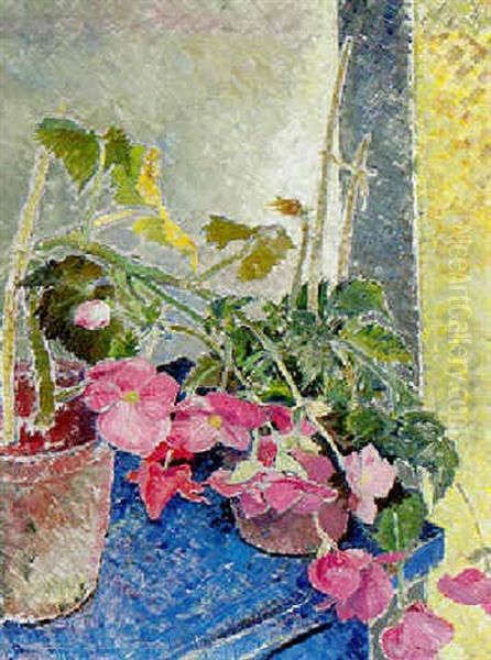 Begonias On A Blue Table Oil Painting by Glyn Warren Philpot