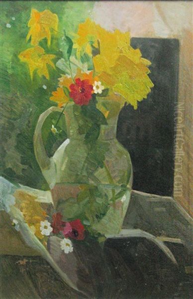 Pot Whit Yellow Flowers Oil Painting by Alexandru Phoebus