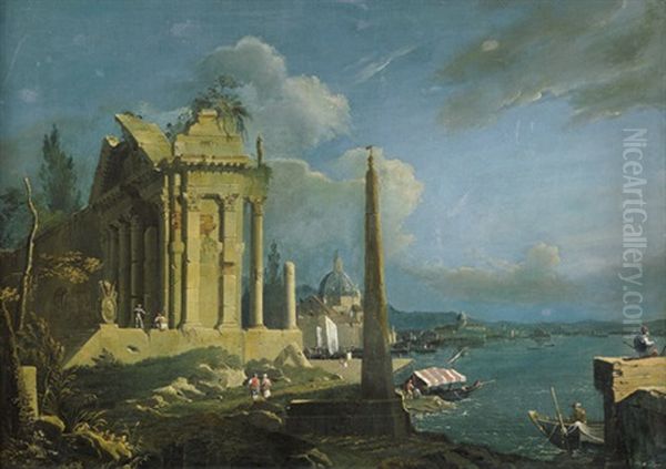 Venezianische Kustenlandschaft Mit Tempelruine Und Obelisk Oil Painting by Antonio De Pian