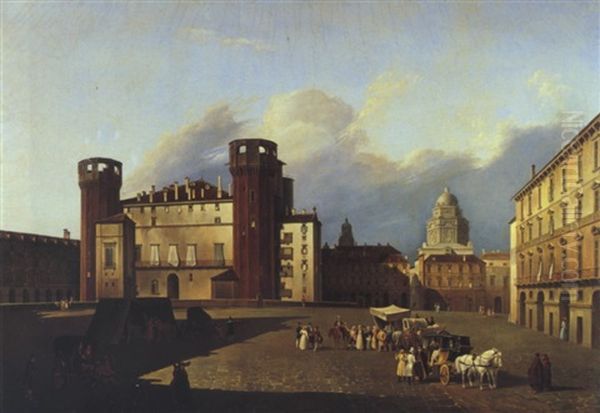 Grosse Stadtansicht Mit Einem An Das Castello Estense In Ferrara Erinnernden Gebaude Oil Painting by Antonio De Pian