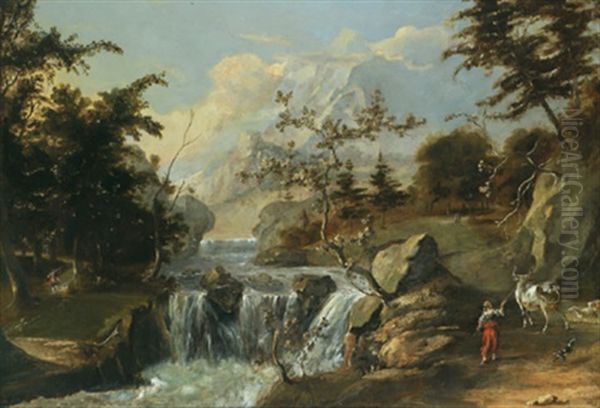 Gebirgslandschaft Mit Wasserfallen Und Einer Hirtenszene Oil Painting by Giuseppe Antonio Pianca