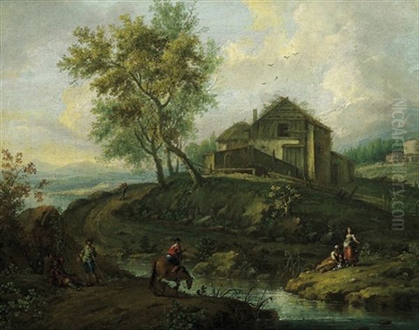 Paesaggio Con Casolari E Figure Oil Painting by Giuseppe Antonio Pianca