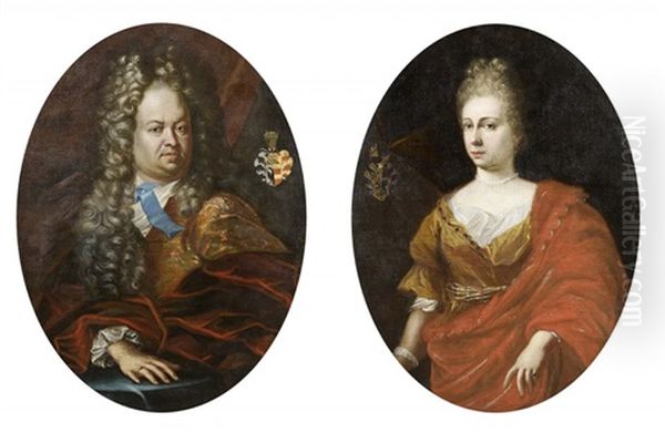 Portrait De Gentilhomme En Buste Et Portrait De Dame En Buste, Representes Avec Leurs Armoireries (pair) Oil Painting by Giovanni Maria Delle Piane