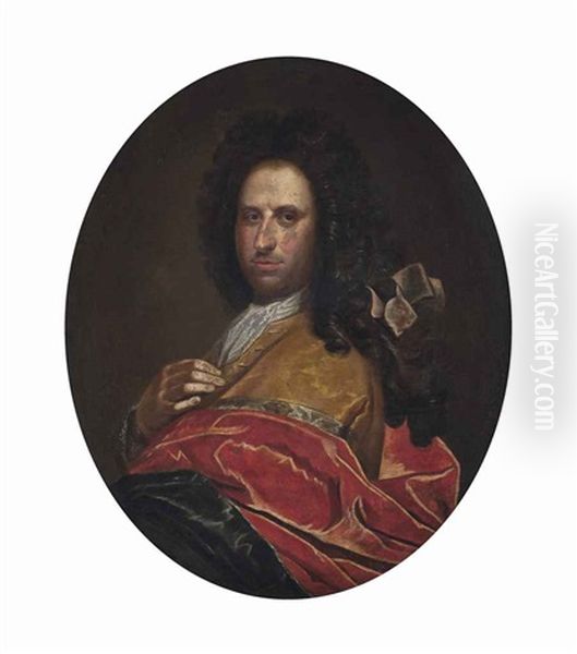 Portrait Of A Gentleman, Half-length, In An Ochre And Red Wrap Oil Painting by Giovanni Maria Delle Piane