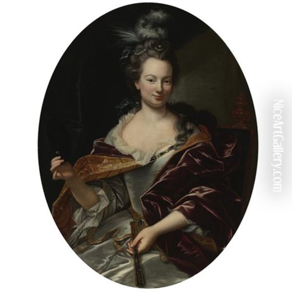 Portrait Of A Lady, Holding A Fan And A Domino Mask Oil Painting by Giovanni Maria Delle Piane