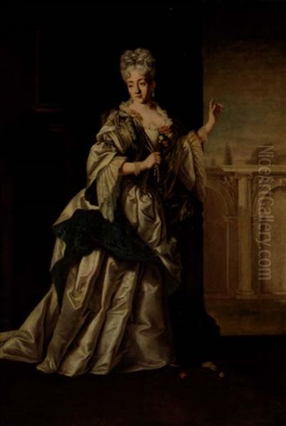 A Portrait Of A Noblewoman, Standing In A Classical Palace And Wearing A White Satin Dress And Pearl Necklace Oil Painting by Giovanni Maria Delle Piane