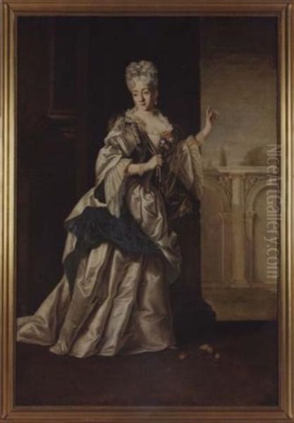 A Portrait Of A Noble Woman Standing In A Classical Palace And Wearing A White Satin Dress And Pearl Necklace Oil Painting by Giovanni Maria Delle Piane