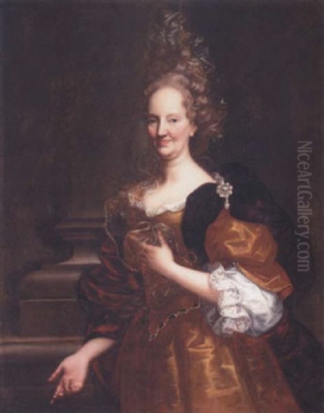 Portrait Of A Lady Wearing A Gold Dress, Standing Before A Column Oil Painting by Giovanni Maria Delle Piane