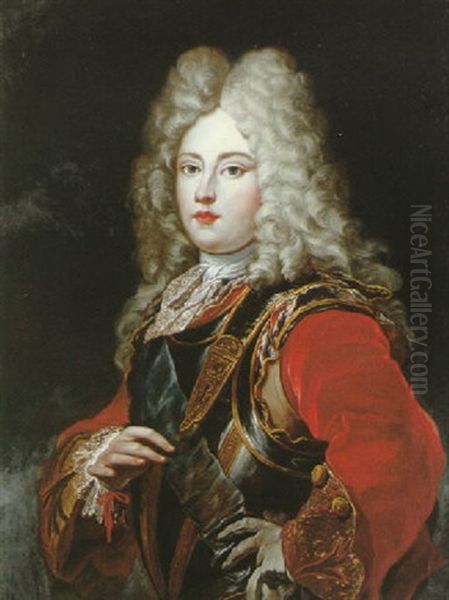 Portrait Of A Young Gentleman Wearing A Red Coat, Gold Embroidered Cuffs And Armour Oil Painting by Giovanni Maria Delle Piane