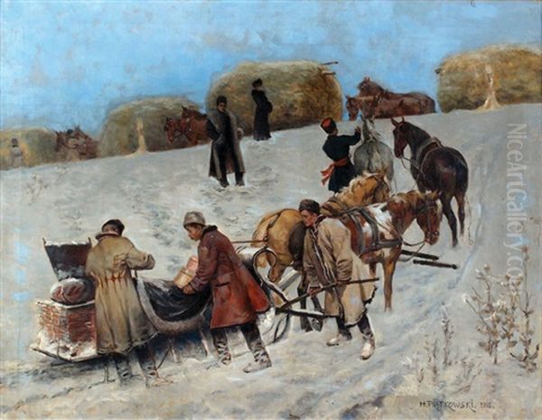 Sleds In The Snow Oil Painting by Henryk Piatkowski