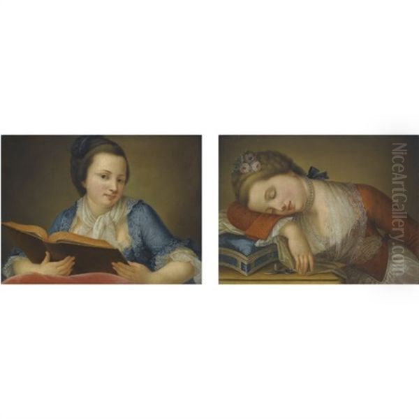 Portrait Of A Young Lady In A Blue Dress Reading A Book (+ Portrait Of A Young Lady In A Red Dress Asleep On Top Of Her Sewing Box; Pair) Oil Painting by Gaetano Piattoli the Elder