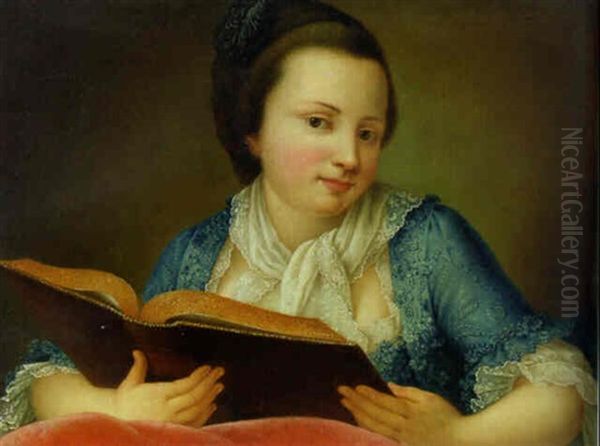 A Young Lady, Half-length, Holding An Open Book Oil Painting by Gaetano Piattoli the Elder