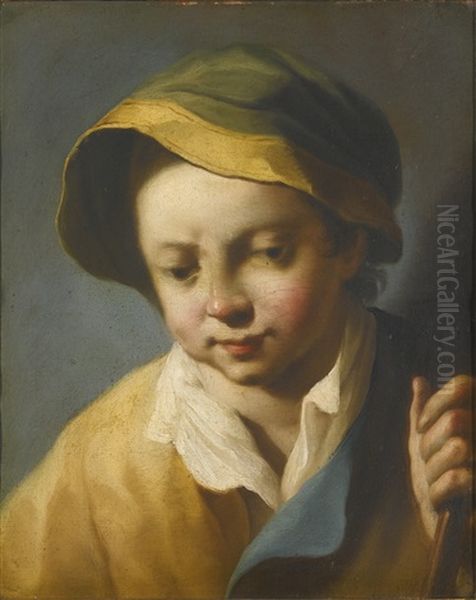 Head Of A Boy Looking Down, Wearing A Green And Yellow Hat, And Holding A Wooden Staff Oil Painting by Giovanni Battista Piazzetta