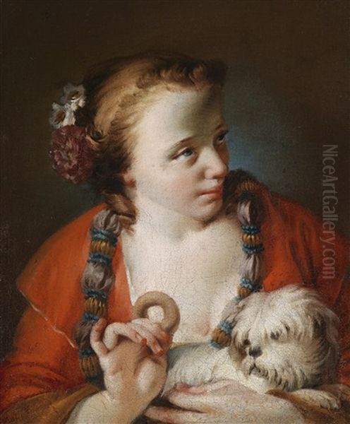 Eine Junge Frau, Die Einem Hundchen Ein Biskuit Anbietet Oil Painting by Giovanni Battista Piazzetta